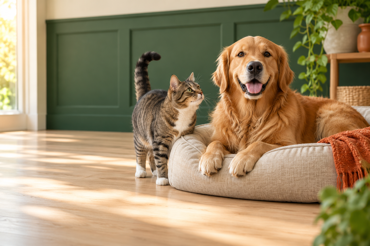 A golden retriever resting on a soft bed with a curious tabby cat beside them